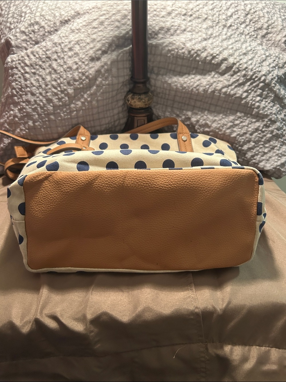 Rosetti Navy Polka Dot Canvas Tote with Tan Trim - Picture 3 of 8